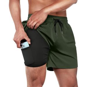 imageBRISIRA Mens Swim Trunks Swim Shorts Quick Dry 5 inch Inseam Beach Shorts with Compression Liner and Zipper PocketArmygreen