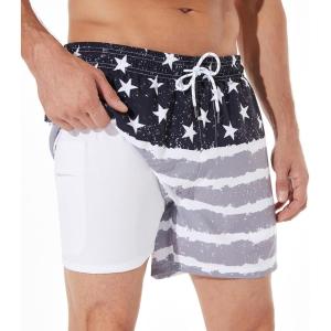 imageBRISIRA Mens Swim Trunks Swim Shorts Quick Dry 5 inch Inseam Beach Shorts with Compression Liner and Zipper PocketBlackgrey Americanflag