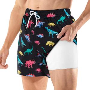 imageBRISIRA Mens Swim Trunks 5 Inch Compression Liner Beach Swim Shorts Bathing Suit Quick Dry 4Way Stretch PocketsBlack Dino
