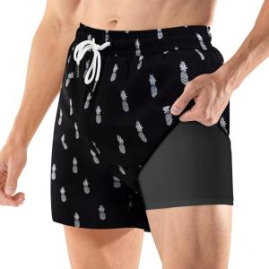 imageBRISIRA Mens Swim Trunks 5 Inch Compression Liner Beach Swim Shorts Bathing Suit Quick Dry 4Way Stretch PocketsBlack Pineapple