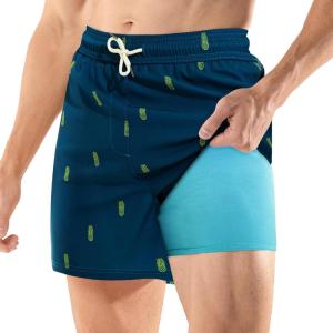 imageBRISIRA Mens Swim Trunks 5 Inch Compression Liner Beach Swim Shorts Bathing Suit Quick Dry 4Way Stretch PocketsBlue Pineapple