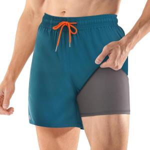 imageBRISIRA Mens Swim Trunks 5 Inch Compression Liner Beach Swim Shorts Bathing Suit Quick Dry 4Way Stretch PocketsLake Blue