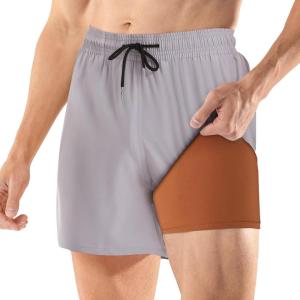 imageBRISIRA Mens Swim Trunks 5 Inch Compression Liner Beach Swim Shorts Bathing Suit Quick Dry 4Way Stretch PocketsLight Grey