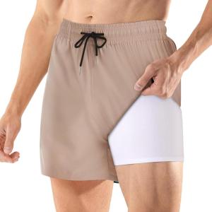 imageBRISIRA Mens Swim Trunks 5 Inch Compression Liner Beach Swim Shorts Bathing Suit Quick Dry 4Way Stretch PocketsLight Khaki