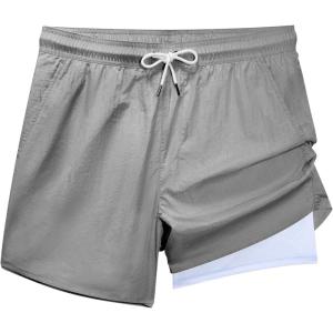 imageBRISIRA Mens Swim Trunks Neon 5quot Bathing Suit Compression Liner Nylon Swim Shorts Beach Swimsuit Swimwear Quick Dry PocketsGrey