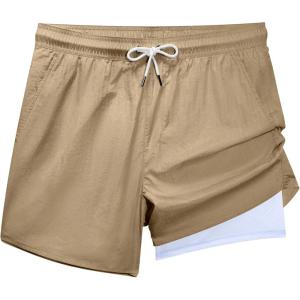 imageBRISIRA Mens Swim Trunks Neon 5quot Bathing Suit Compression Liner Nylon Swim Shorts Beach Swimsuit Swimwear Quick Dry PocketsKhaki