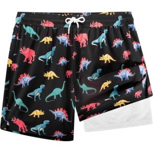 imageBRISIRA Mens Swim Trunks 5 Inch Compression Liner Beach Swim Shorts Bathing Suit Quick Dry 4Way Stretch PocketsBlack Dino