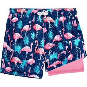 imageBRISIRA Mens Swim Trunks 5 Inch Compression Liner Beach Swim Shorts Bathing Suit Quick Dry 4Way Stretch PocketsDarkblue Flamingo
