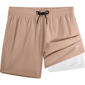 imageBRISIRA Mens Swim Trunks 5 Inch Compression Liner Beach Swim Shorts Bathing Suit Quick Dry 4Way Stretch PocketsLight Khaki