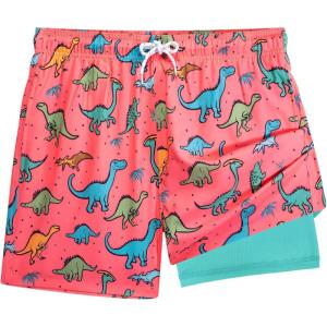 imageBRISIRA Mens Swim Trunks 5 Inch Compression Liner Beach Swim Shorts Bathing Suit Quick Dry 4Way Stretch PocketsPink Dinosaur