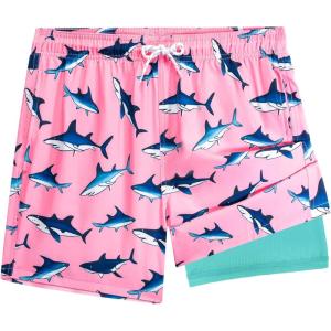 imageBRISIRA Mens Swim Trunks 5 Inch Compression Liner Beach Swim Shorts Bathing Suit Quick Dry 4Way Stretch PocketsPink Shark