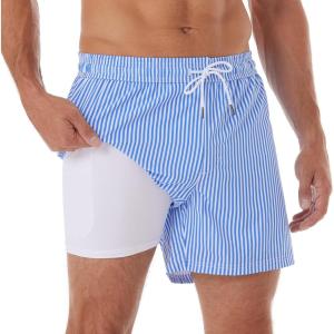 imageBRISIRA Mens Swim Trunks Swim Shorts Quick Dry 5 inch Inseam Beach Shorts with Compression Liner and Zipper PocketStripebluewhite