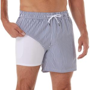 imageBRISIRA Mens Swim Trunks Swim Shorts Quick Dry 5 inch Inseam Beach Shorts with Compression Liner and Zipper PocketStripedarkbluewhite