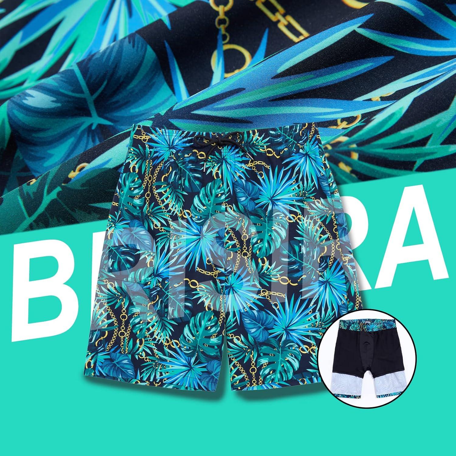 imageBRISIRA Mens Swim Trunks 5 Inch Compression Liner Beach Swim Shorts Bathing Suit Breathable Quick Dry Zipper PocketBlackgreentropical