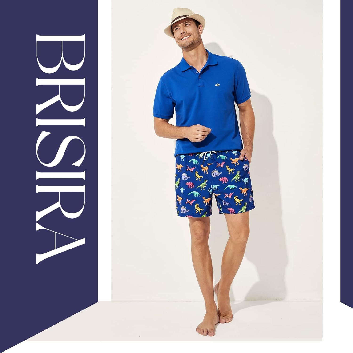 imageBRISIRA Mens Swim Trunks 5 Inch Compression Liner Beach Swim Shorts Bathing Suit Breathable Quick Dry Zipper PocketBlue Dinosaur