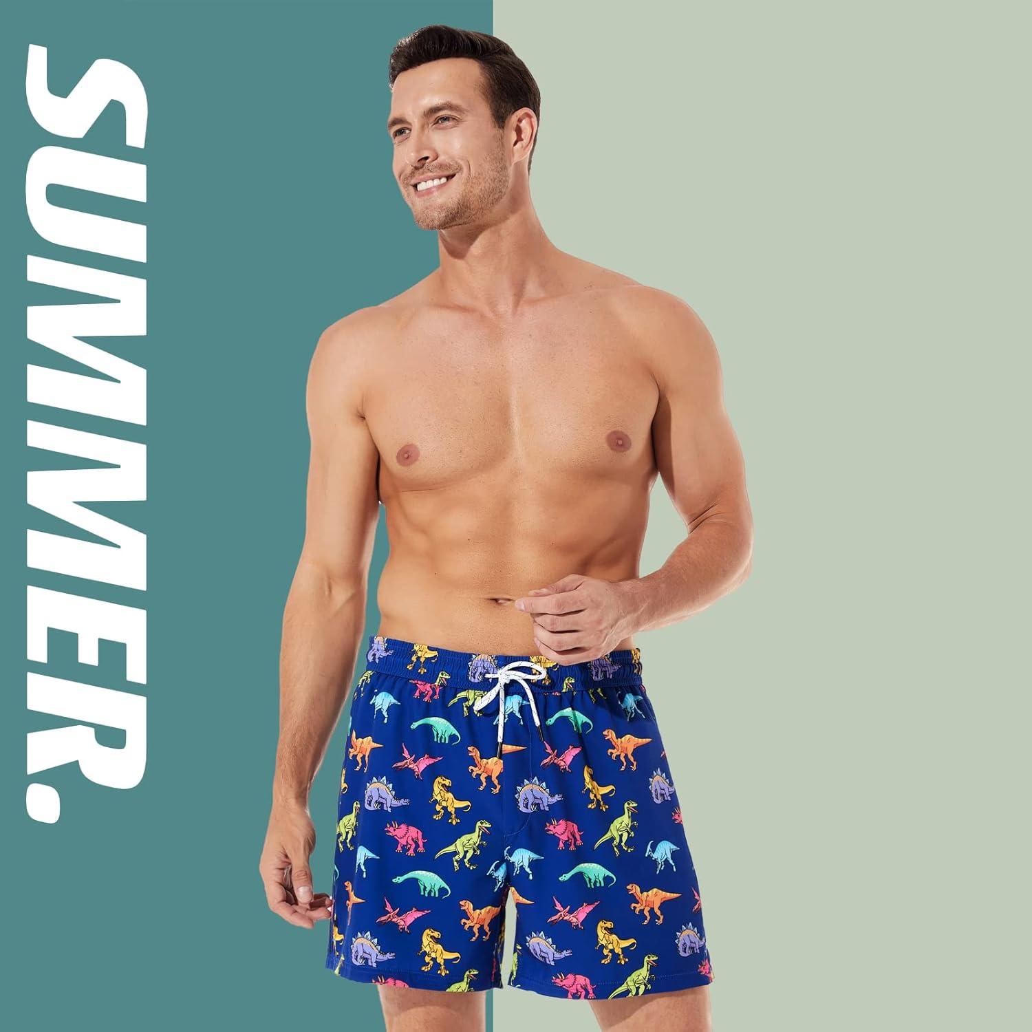 imageBRISIRA Mens Swim Trunks 5 Inch Compression Liner Beach Swim Shorts Bathing Suit Breathable Quick Dry Zipper PocketBlue Dinosaur