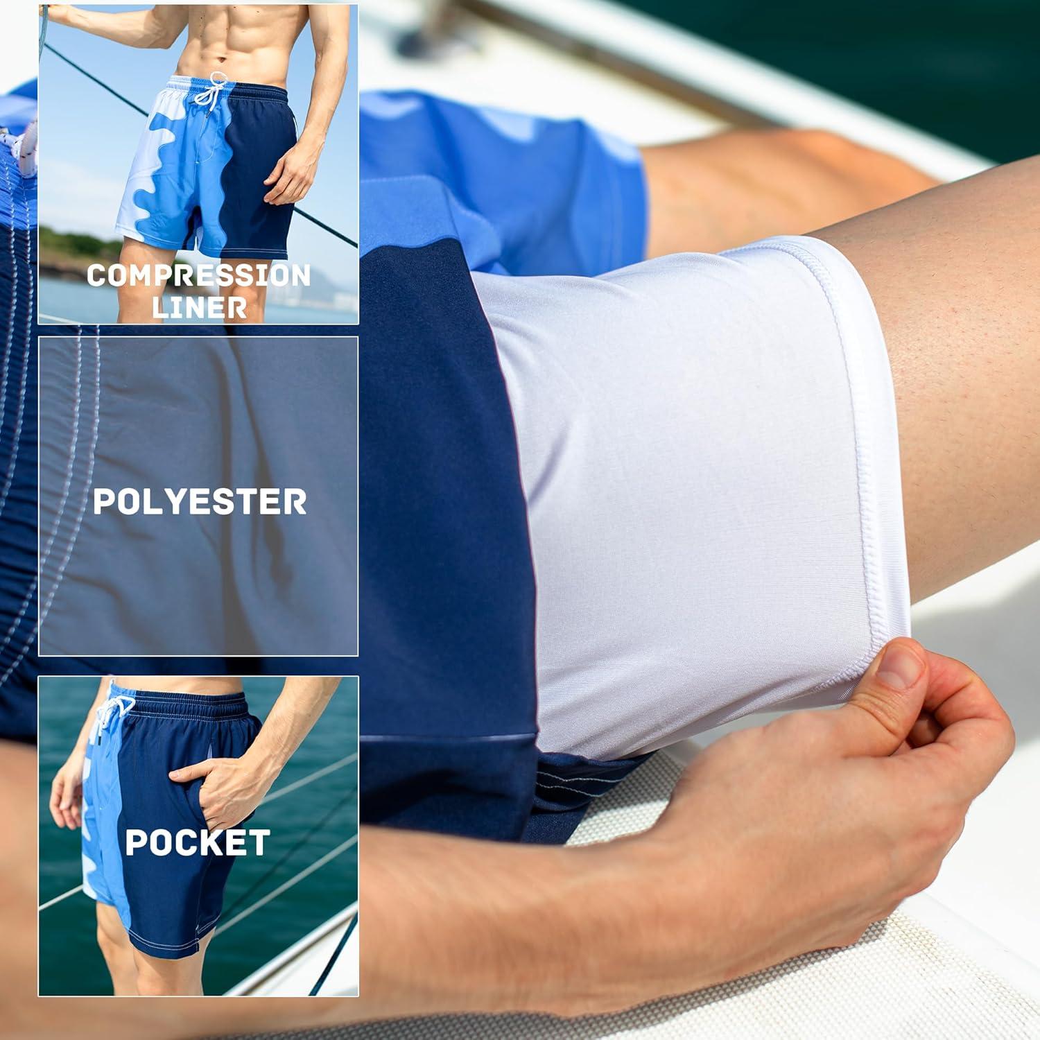 imageBRISIRA Mens Swim Trunks 5 Inch Compression Liner Beach Swim Shorts Bathing Suit Breathable Quick Dry Zipper PocketBlue Gradient