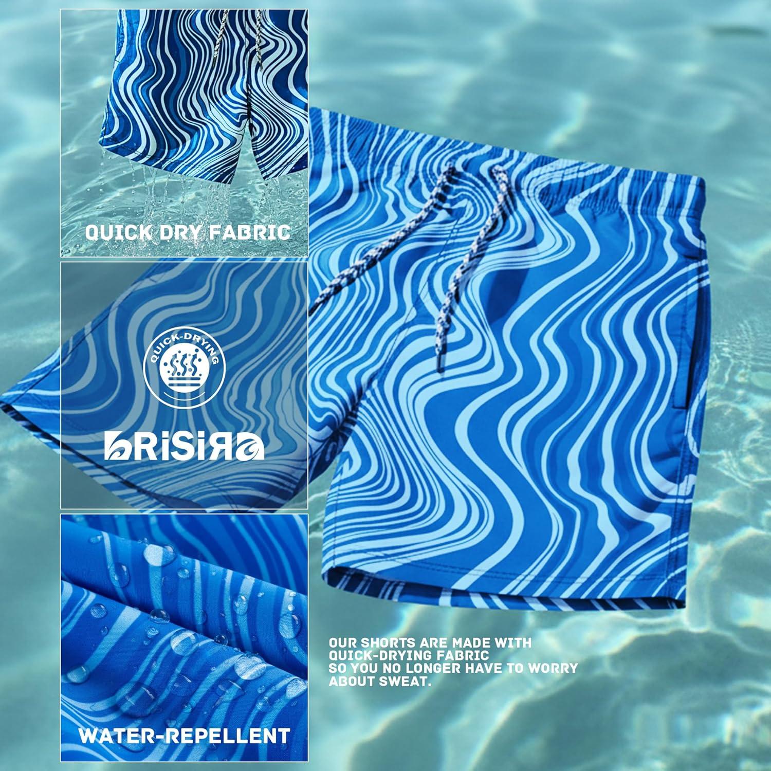 imageBRISIRA Mens Swim Trunks 5 Inch Compression Liner Beach Swim Shorts Bathing Suit Breathable Quick Dry Zipper PocketBlue Ripple