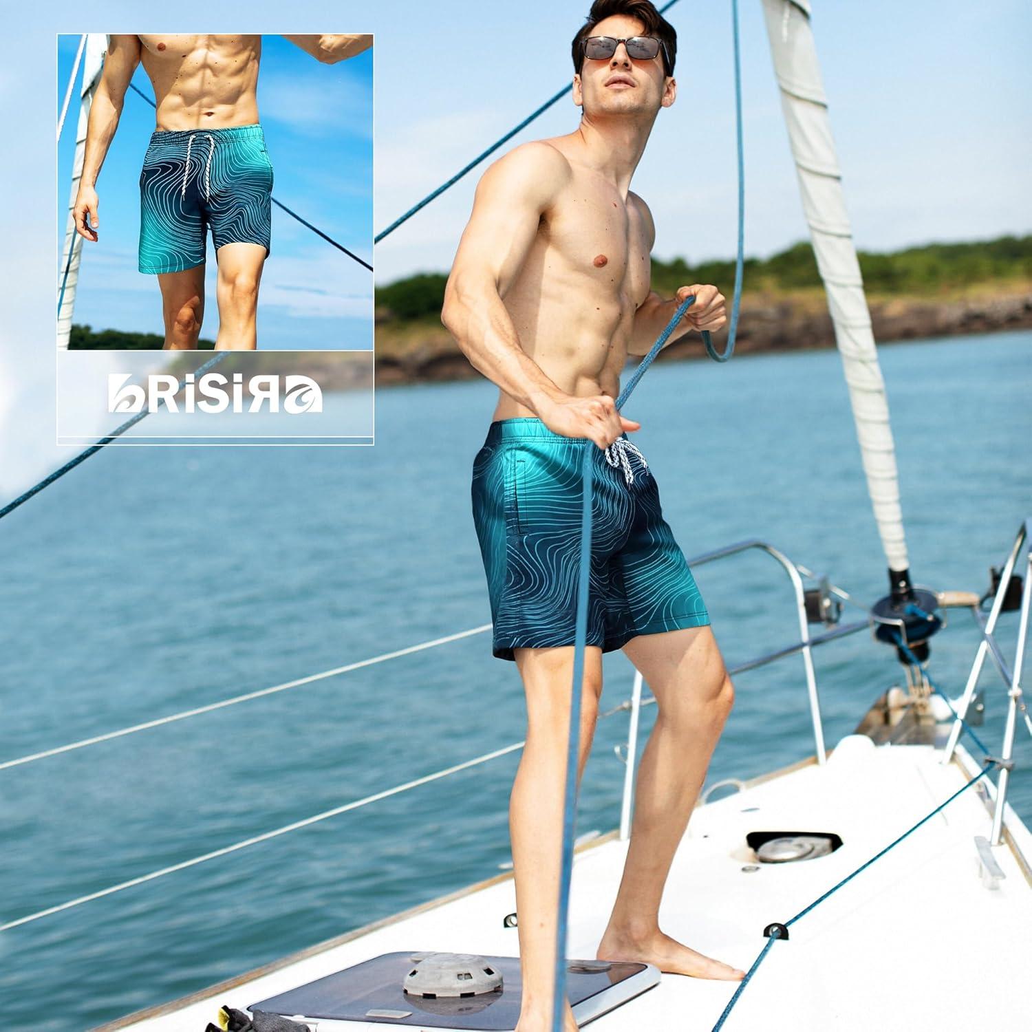 imageBRISIRA Mens Swim Trunks 5 Inch Compression Liner Beach Swim Shorts Bathing Suit Breathable Quick Dry Zipper PocketBluegradient Stripes