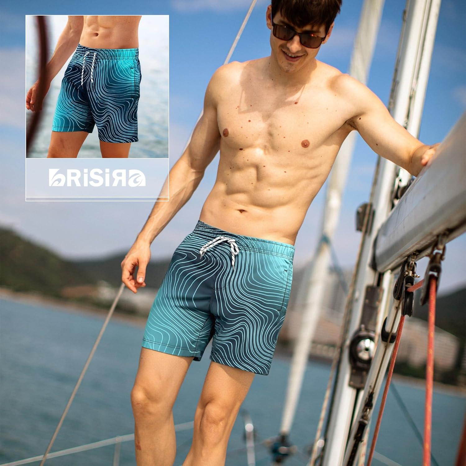 imageBRISIRA Mens Swim Trunks 5 Inch Compression Liner Beach Swim Shorts Bathing Suit Breathable Quick Dry Zipper PocketBluegradient Stripes