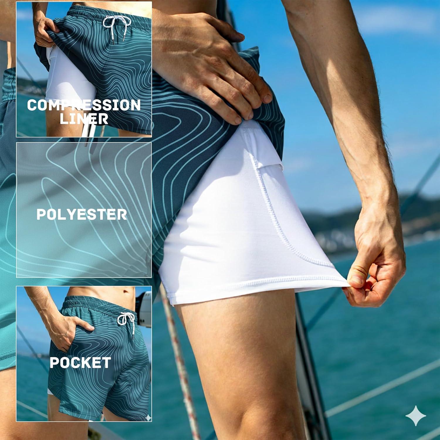 imageBRISIRA Mens Swim Trunks 5 Inch Compression Liner Beach Swim Shorts Bathing Suit Breathable Quick Dry Zipper PocketBluegradient Stripes