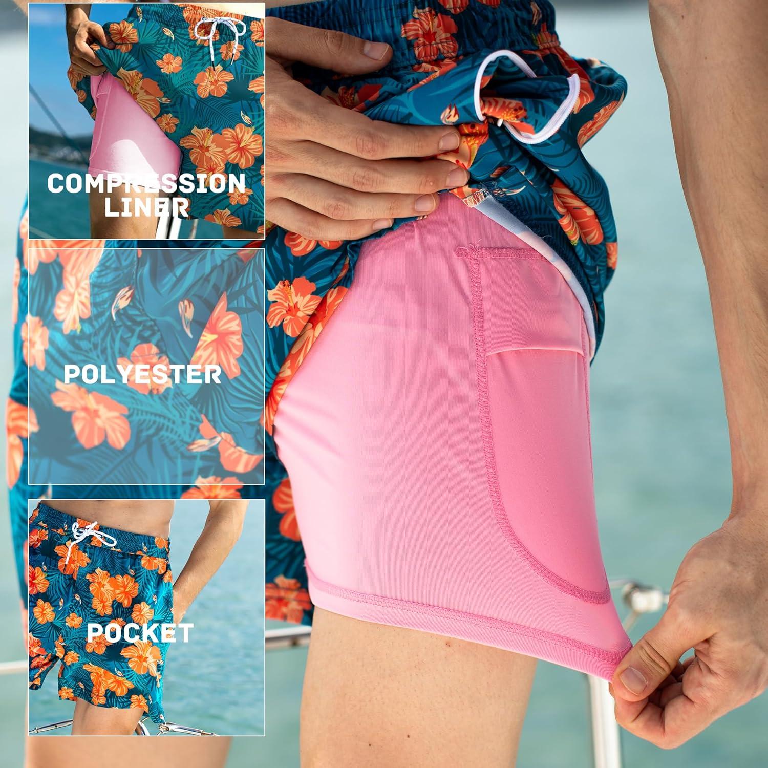 imageBRISIRA Mens Swim Trunks 5 Inch Compression Liner Beach Swim Shorts Bathing Suit Breathable Quick Dry Zipper PocketDenimblue Yellowfloral