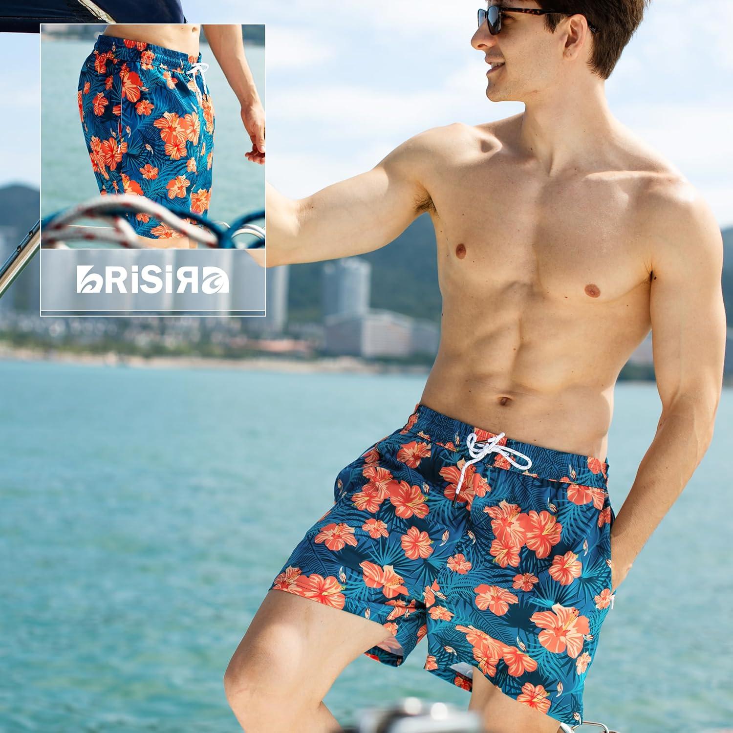 imageBRISIRA Mens Swim Trunks 5 Inch Compression Liner Beach Swim Shorts Bathing Suit Breathable Quick Dry Zipper PocketDenimblue Yellowfloral