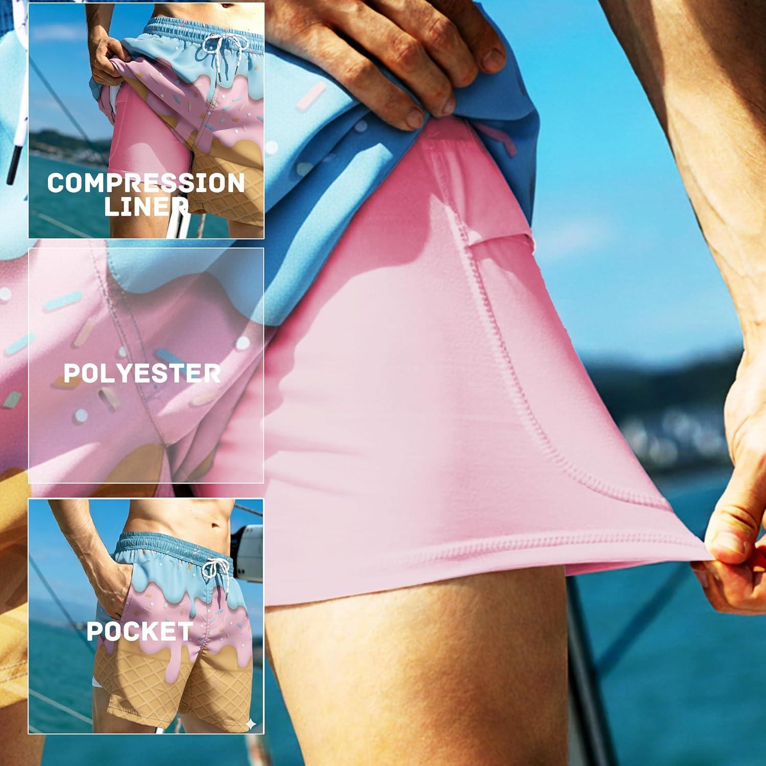 imageBRISIRA Mens Swim Trunks 5 Inch Compression Liner Beach Swim Shorts Bathing Suit Breathable Quick Dry Zipper PocketIcecream Drip
