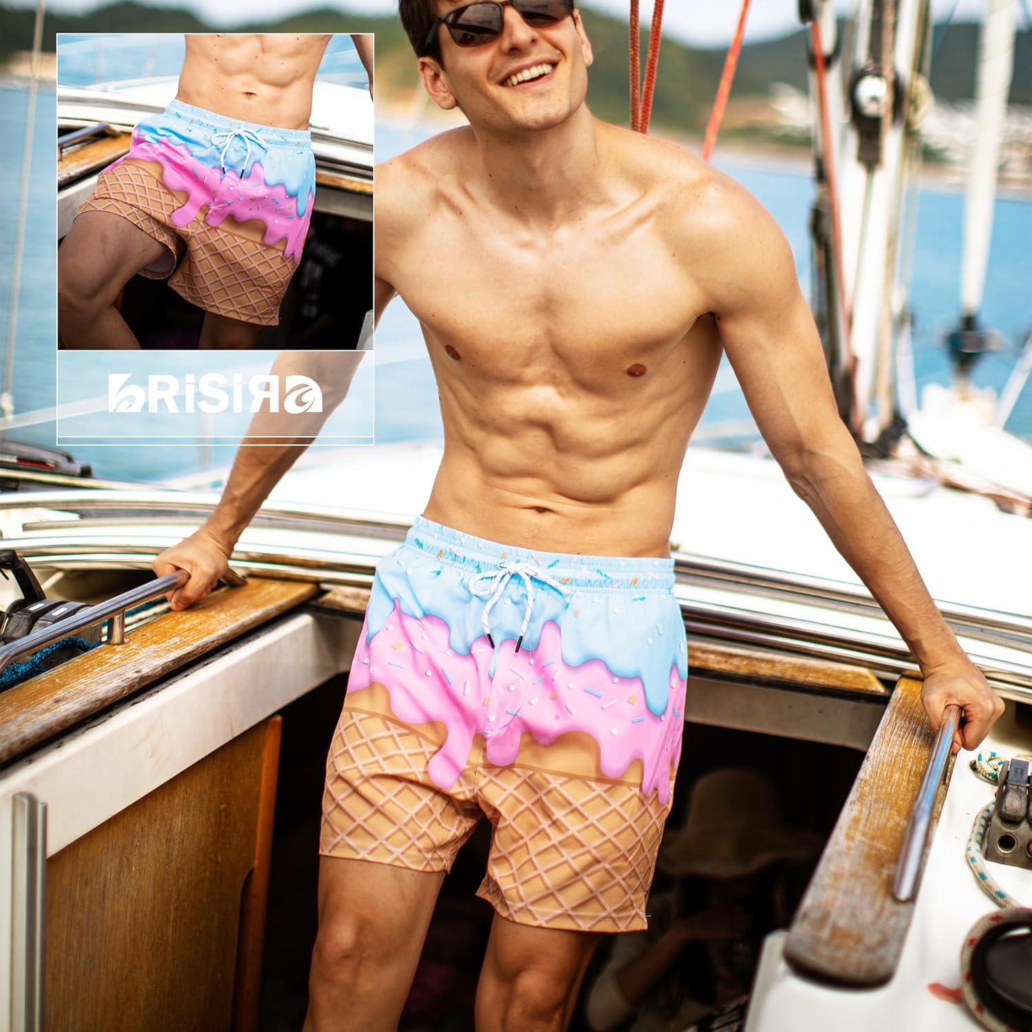 imageBRISIRA Mens Swim Trunks 5 Inch Compression Liner Beach Swim Shorts Bathing Suit Breathable Quick Dry Zipper PocketIcecream Drip