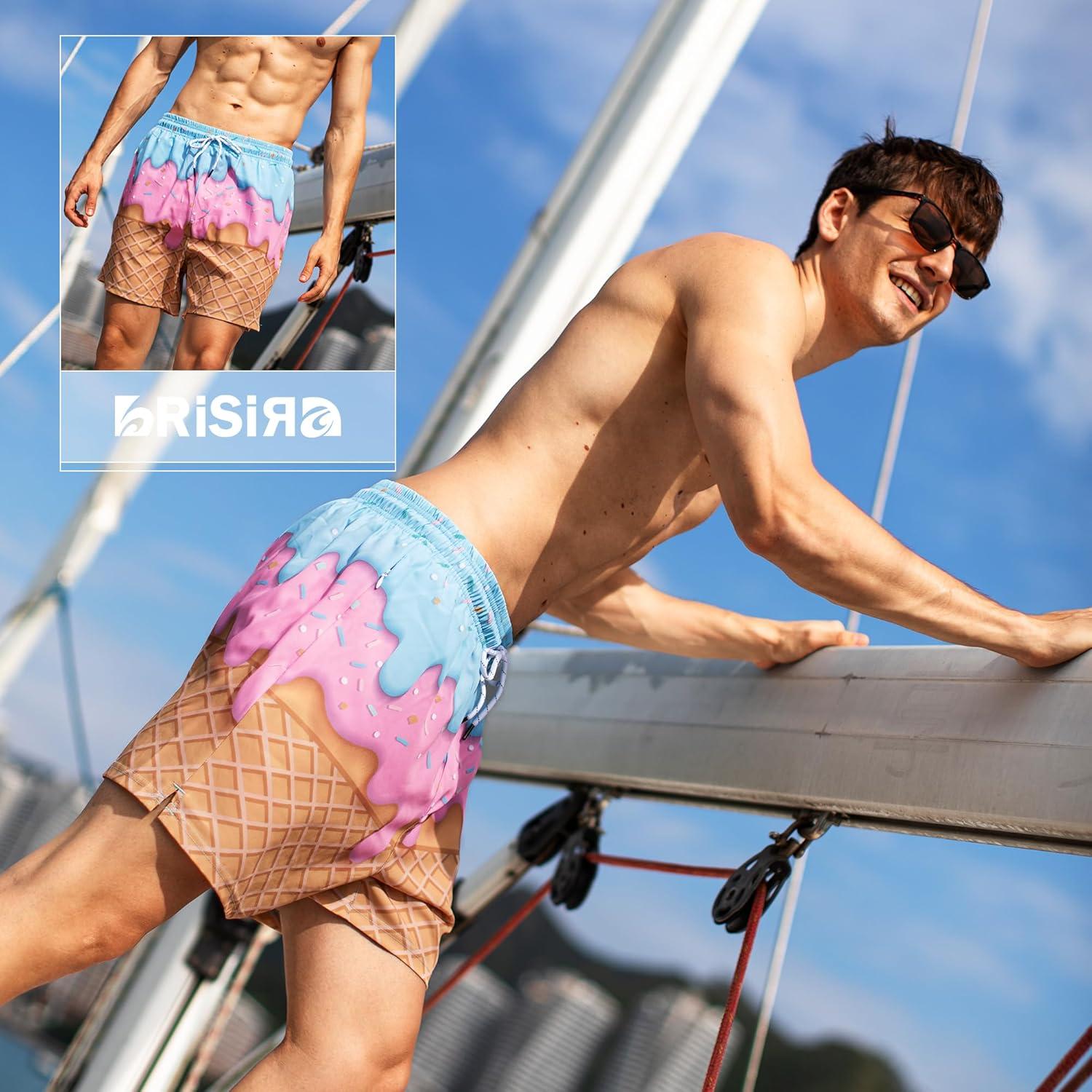 imageBRISIRA Mens Swim Trunks 5 Inch Compression Liner Beach Swim Shorts Bathing Suit Breathable Quick Dry Zipper PocketIcecream Drip