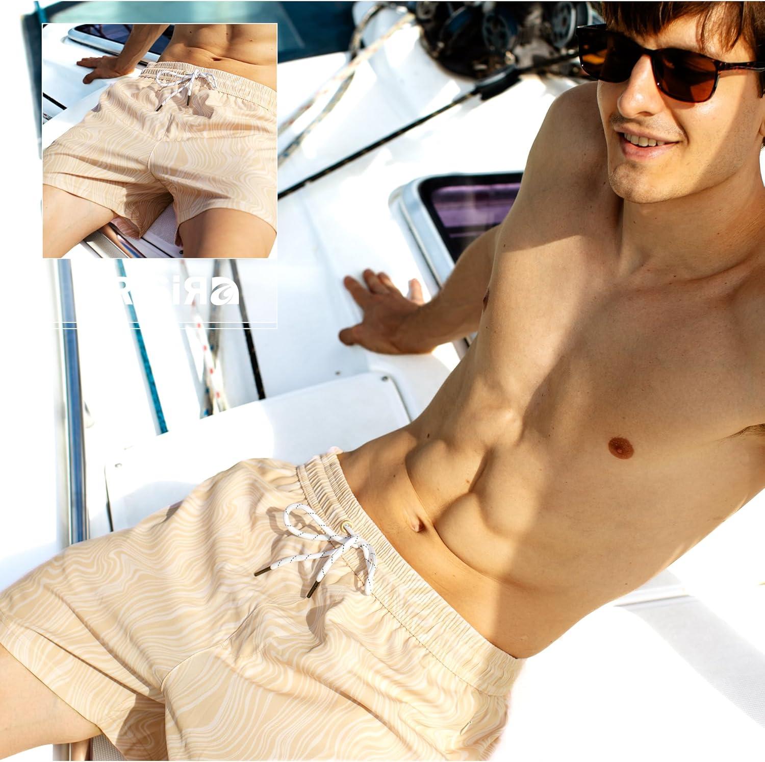 imageBRISIRA Mens Swim Trunks 5 Inch Compression Liner Beach Swim Shorts Bathing Suit Breathable Quick Dry Zipper PocketKhaki Ripple