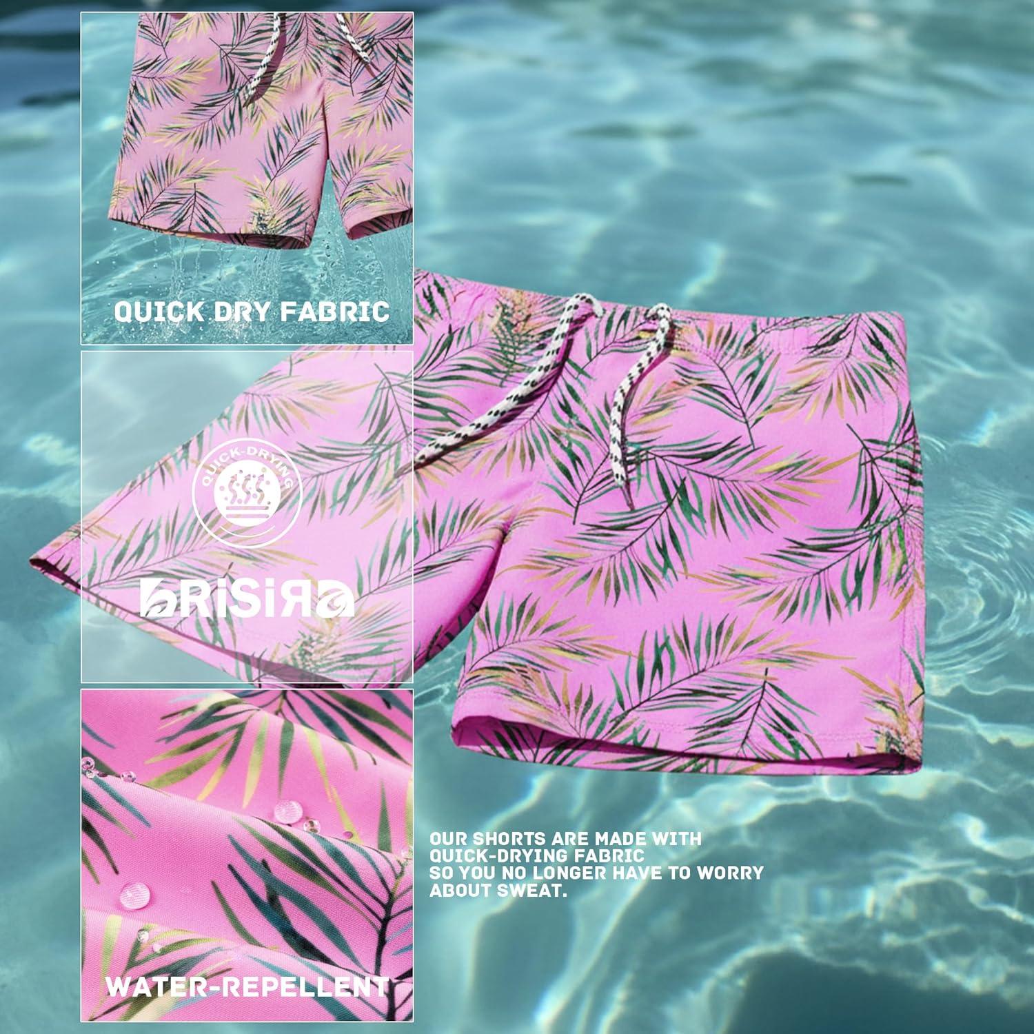 imageBRISIRA Mens Swim Trunks 5 Inch Compression Liner Beach Swim Shorts Bathing Suit Breathable Quick Dry Zipper PocketPink Leaves