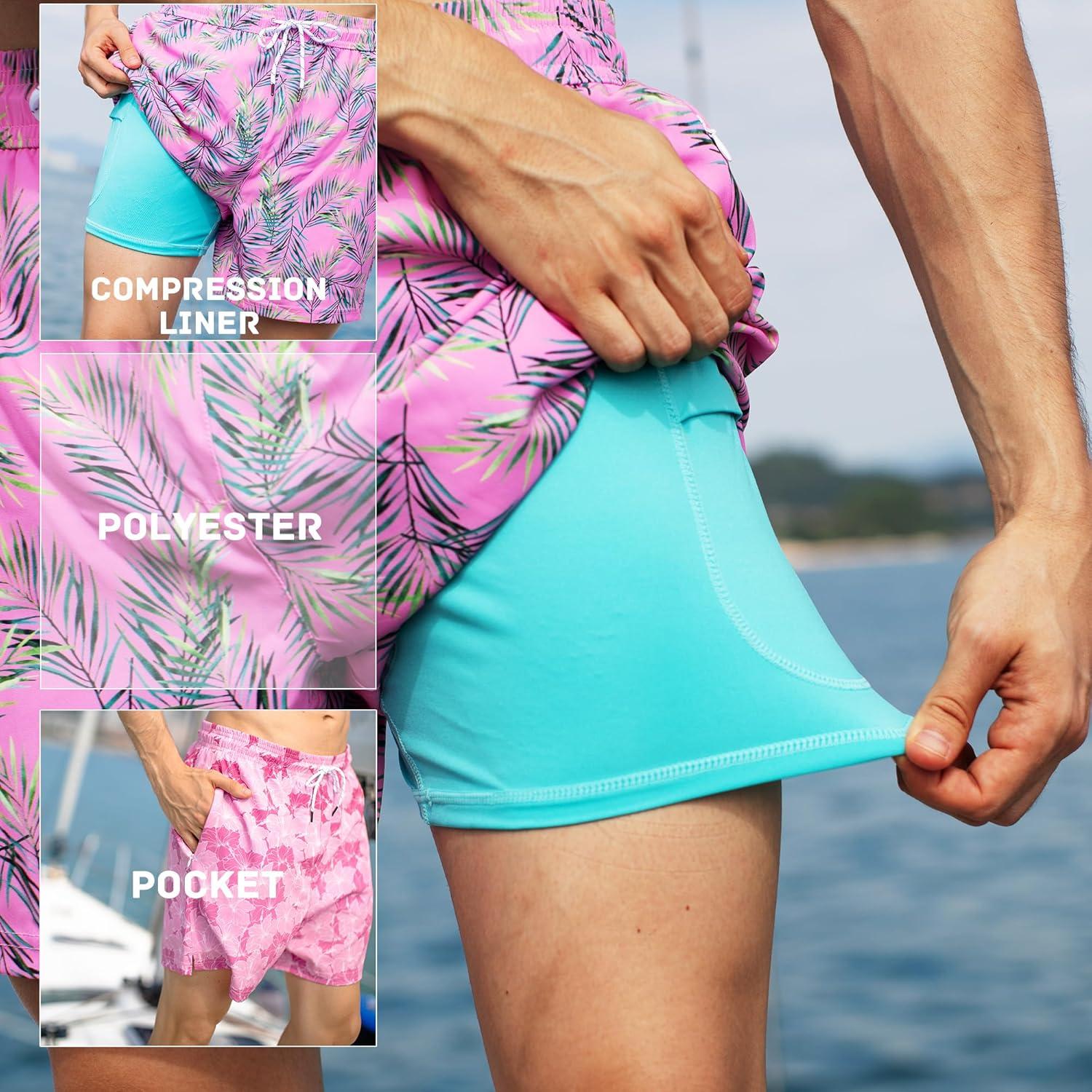 imageBRISIRA Mens Swim Trunks 5 Inch Compression Liner Beach Swim Shorts Bathing Suit Breathable Quick Dry Zipper PocketPink Leaves