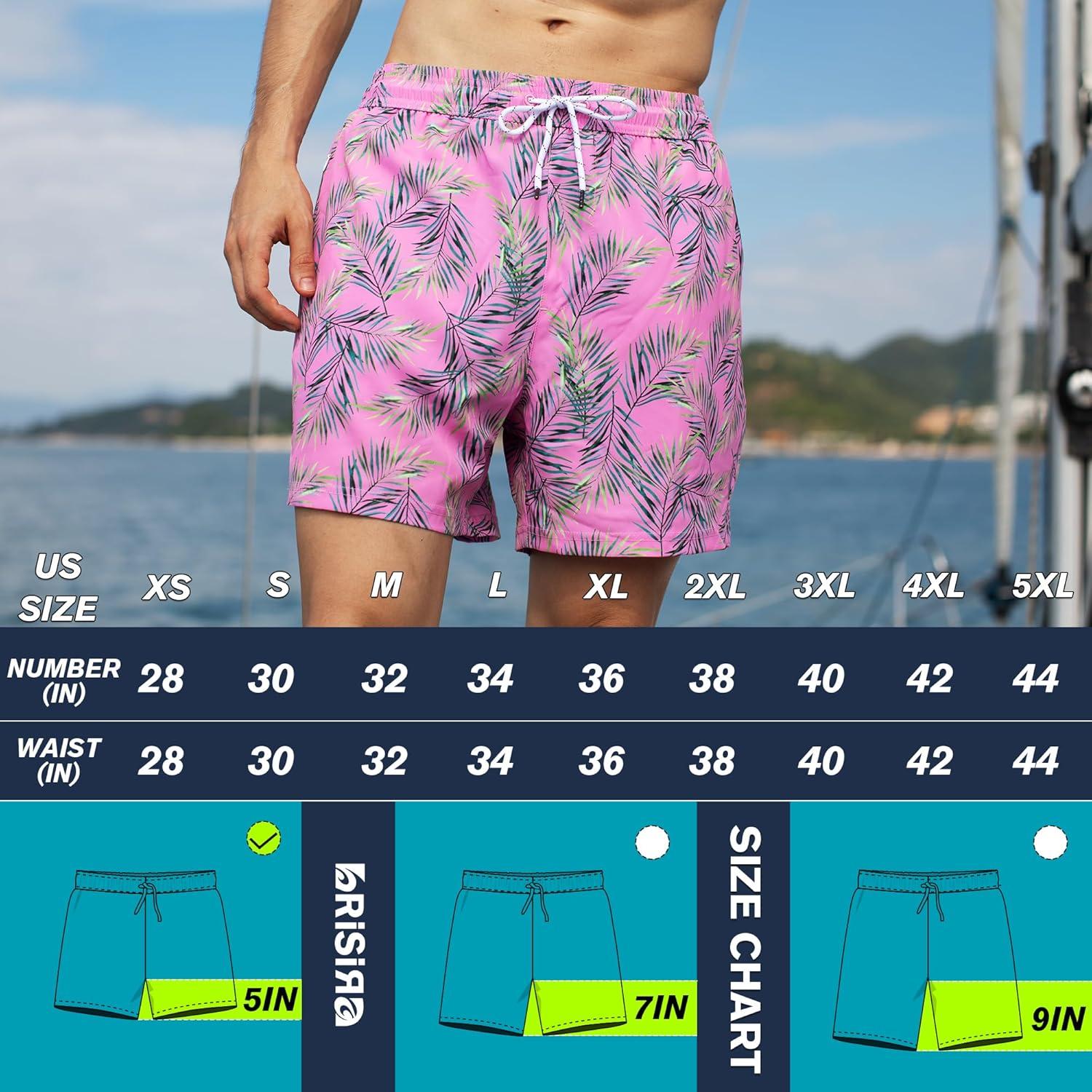 imageBRISIRA Mens Swim Trunks 5 Inch Compression Liner Beach Swim Shorts Bathing Suit Breathable Quick Dry Zipper PocketPink Leaves