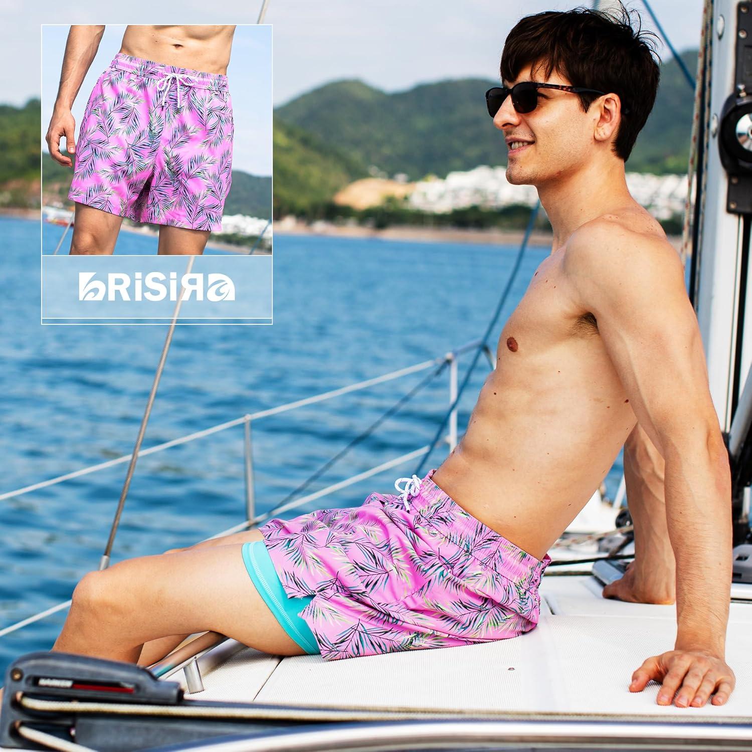 imageBRISIRA Mens Swim Trunks 5 Inch Compression Liner Beach Swim Shorts Bathing Suit Breathable Quick Dry Zipper PocketPink Leaves