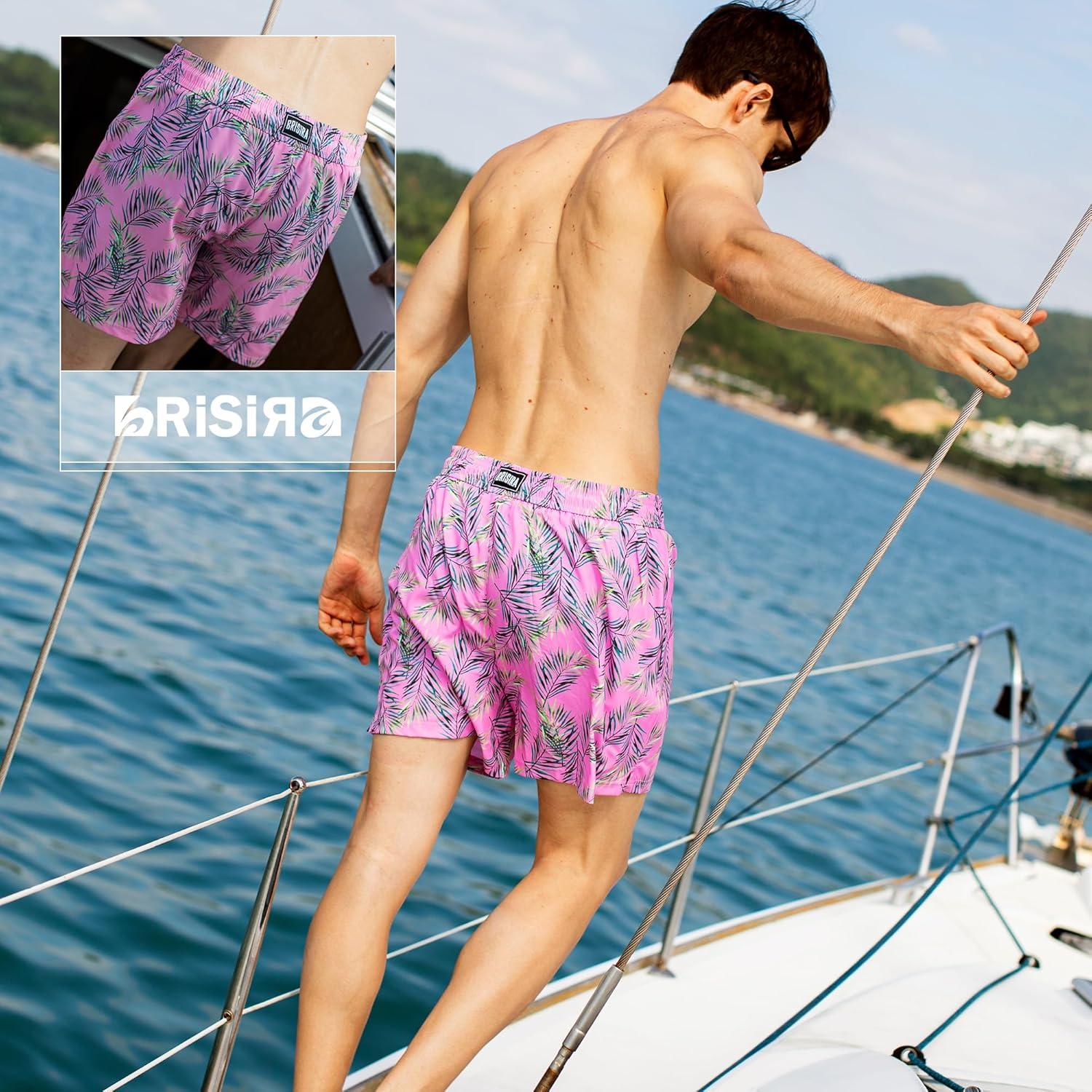 imageBRISIRA Mens Swim Trunks 5 Inch Compression Liner Beach Swim Shorts Bathing Suit Breathable Quick Dry Zipper PocketPink Leaves