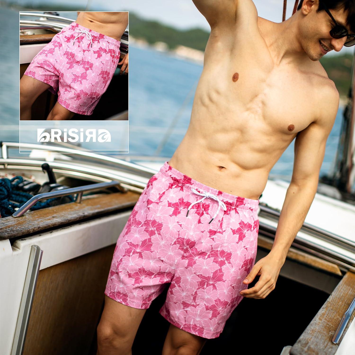 imageBRISIRA Mens Swim Trunks 5 Inch Compression Liner Beach Swim Shorts Bathing Suit Breathable Quick Dry Zipper PocketPinkgradient Floral