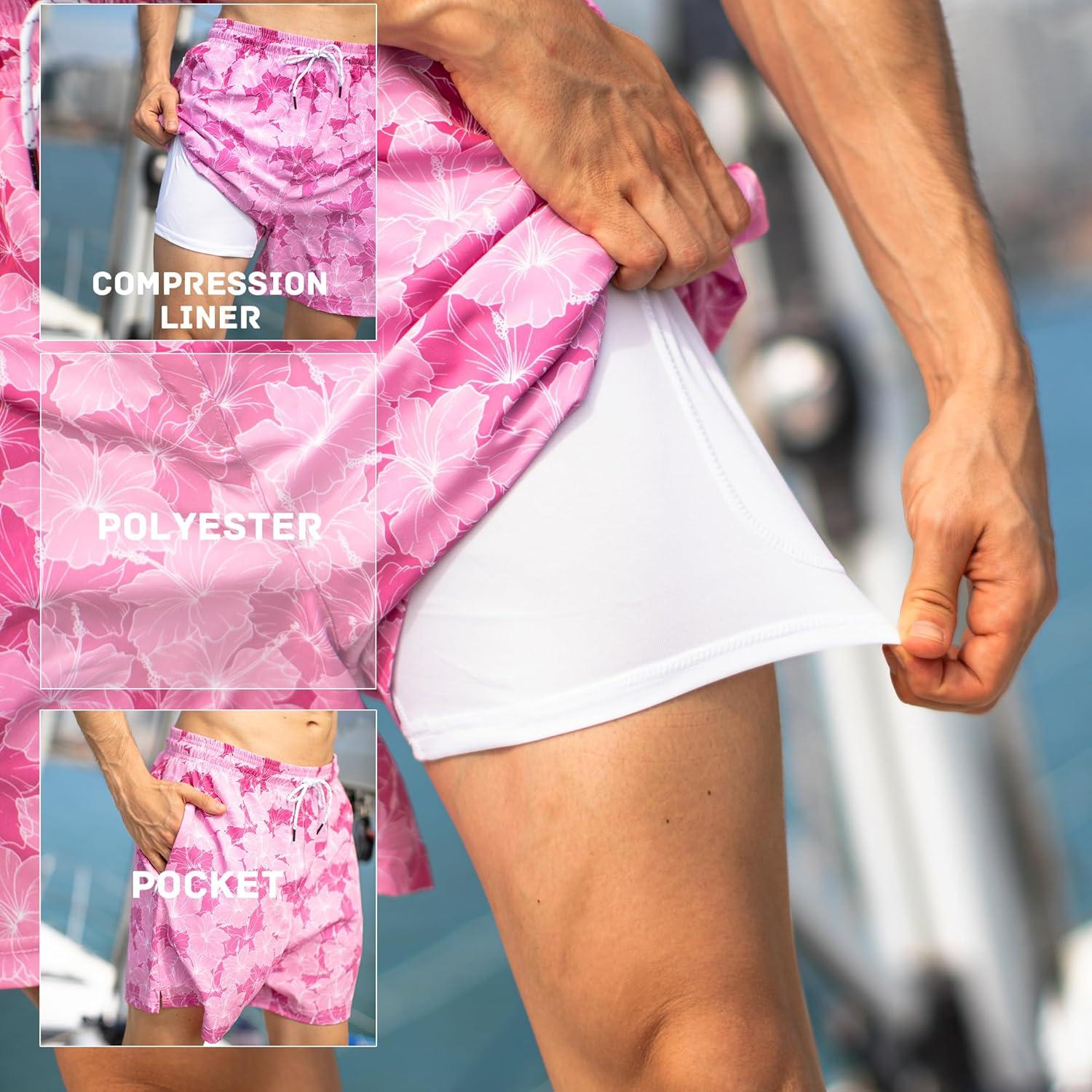 imageBRISIRA Mens Swim Trunks 5 Inch Compression Liner Beach Swim Shorts Bathing Suit Breathable Quick Dry Zipper PocketPinkgradient Floral