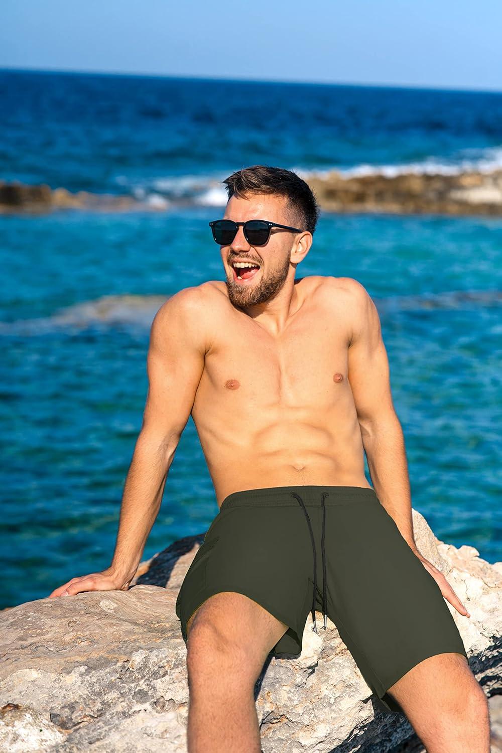 imageBRISIRA Mens Swim Trunks 9 Inch Compression Liner Long Board Shorts Swimwear Bathing Suit AntiChafe Quick Dry Cargo PocketArmygreen