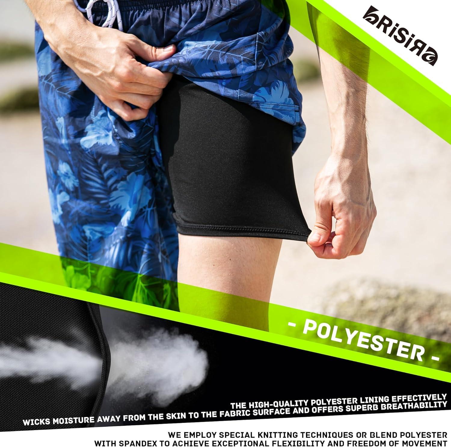 imageBRISIRA Mens Swim Trunks 9 Inch Compression Liner Long Board Shorts Swimwear Bathing Suit AntiChafe Quick Dry Cargo PocketBlackblue Flower