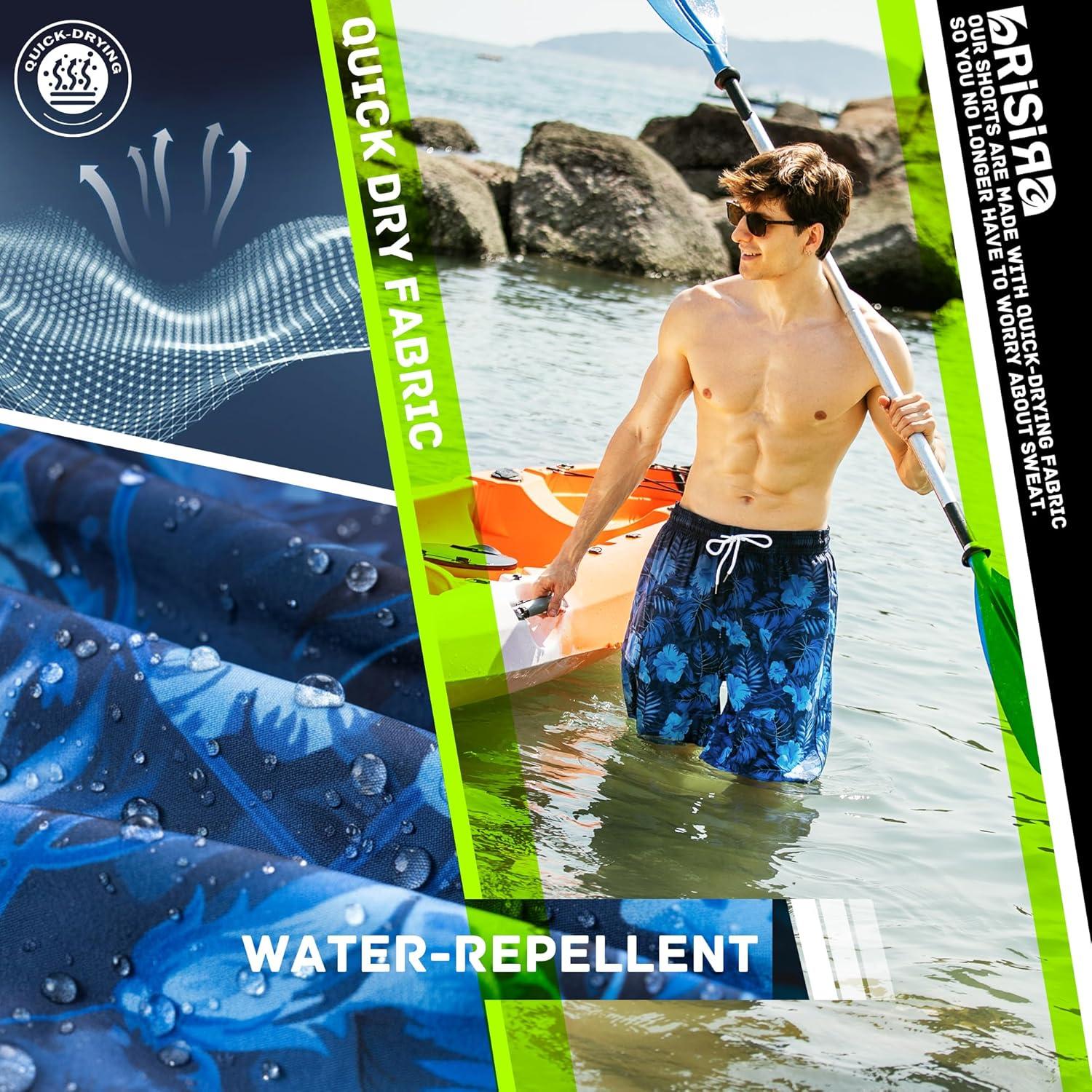 imageBRISIRA Mens Swim Trunks 9 Inch Compression Liner Long Board Shorts Swimwear Bathing Suit AntiChafe Quick Dry Cargo PocketBlackblue Flower