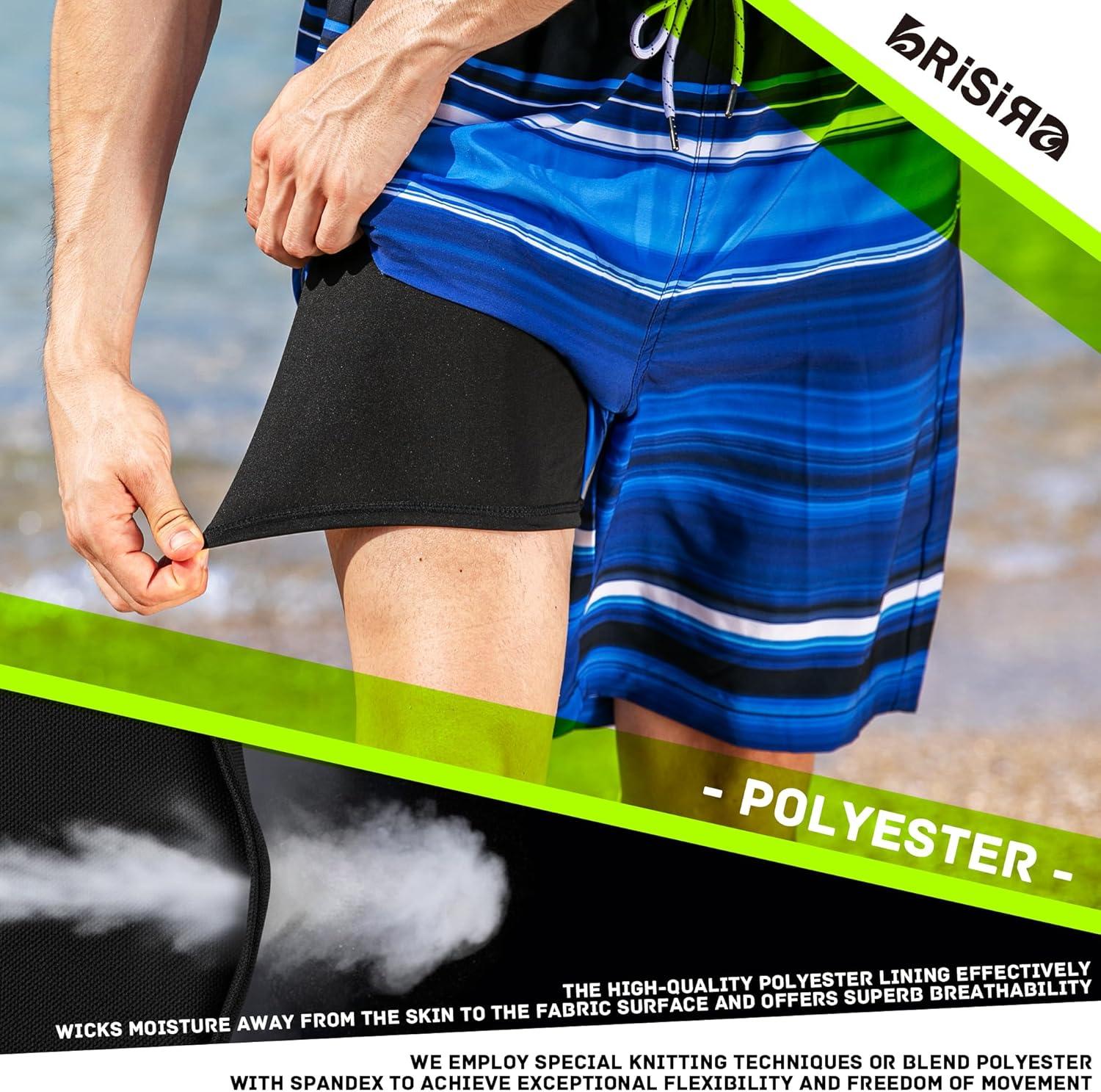 imageBRISIRA Mens Swim Trunks 9 Inch Compression Liner Long Board Shorts Swimwear Bathing Suit AntiChafe Quick Dry Cargo PocketBlackblue Stripe