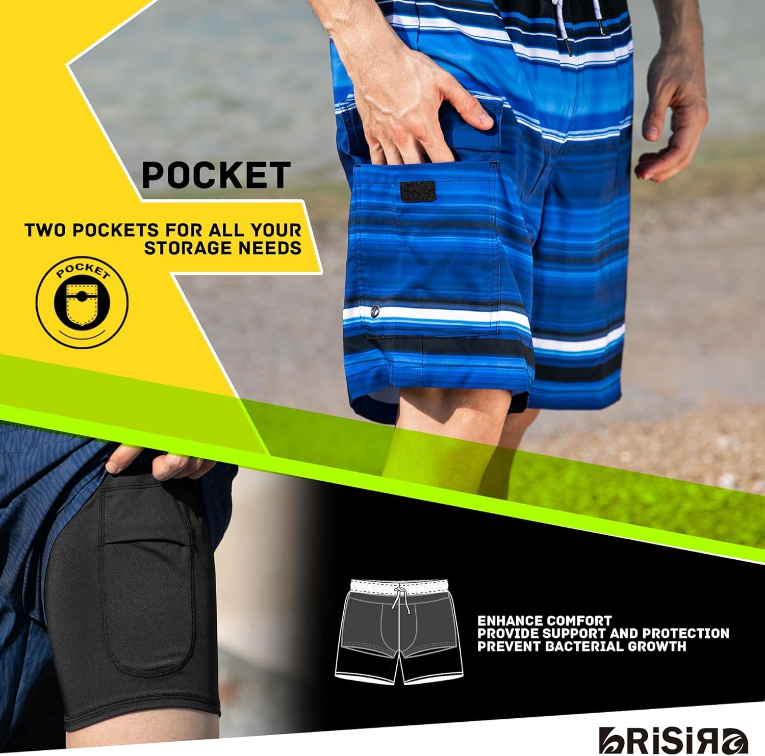 imageBRISIRA Mens Swim Trunks 9 Inch Compression Liner Long Board Shorts Swimwear Bathing Suit AntiChafe Quick Dry Cargo PocketBlackblue Stripe