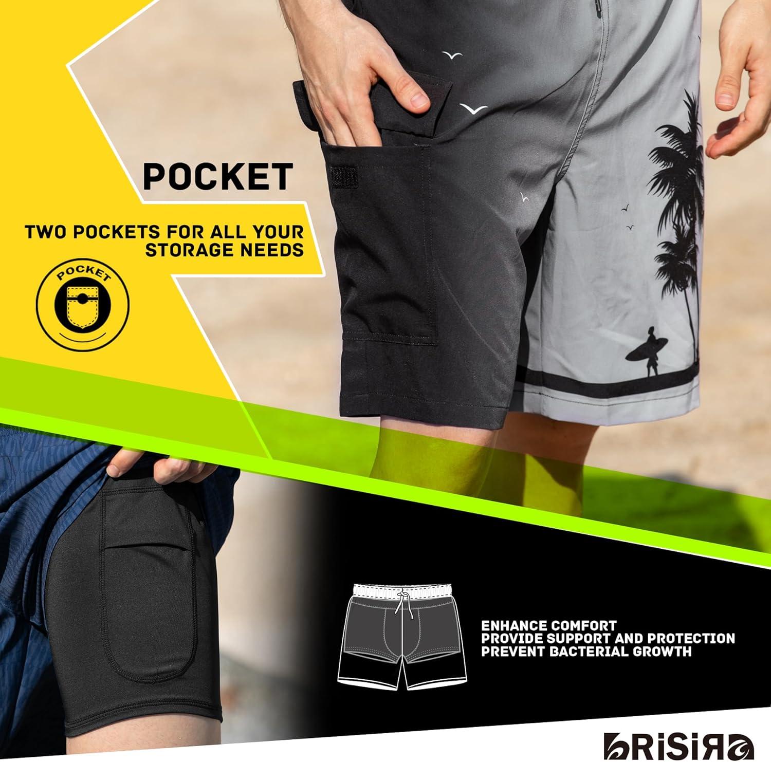 imageBRISIRA Mens Swim Trunks 9 Inch Compression Liner Long Board Shorts Swimwear Bathing Suit AntiChafe Quick Dry Cargo PocketBlackgradientpalmtree
