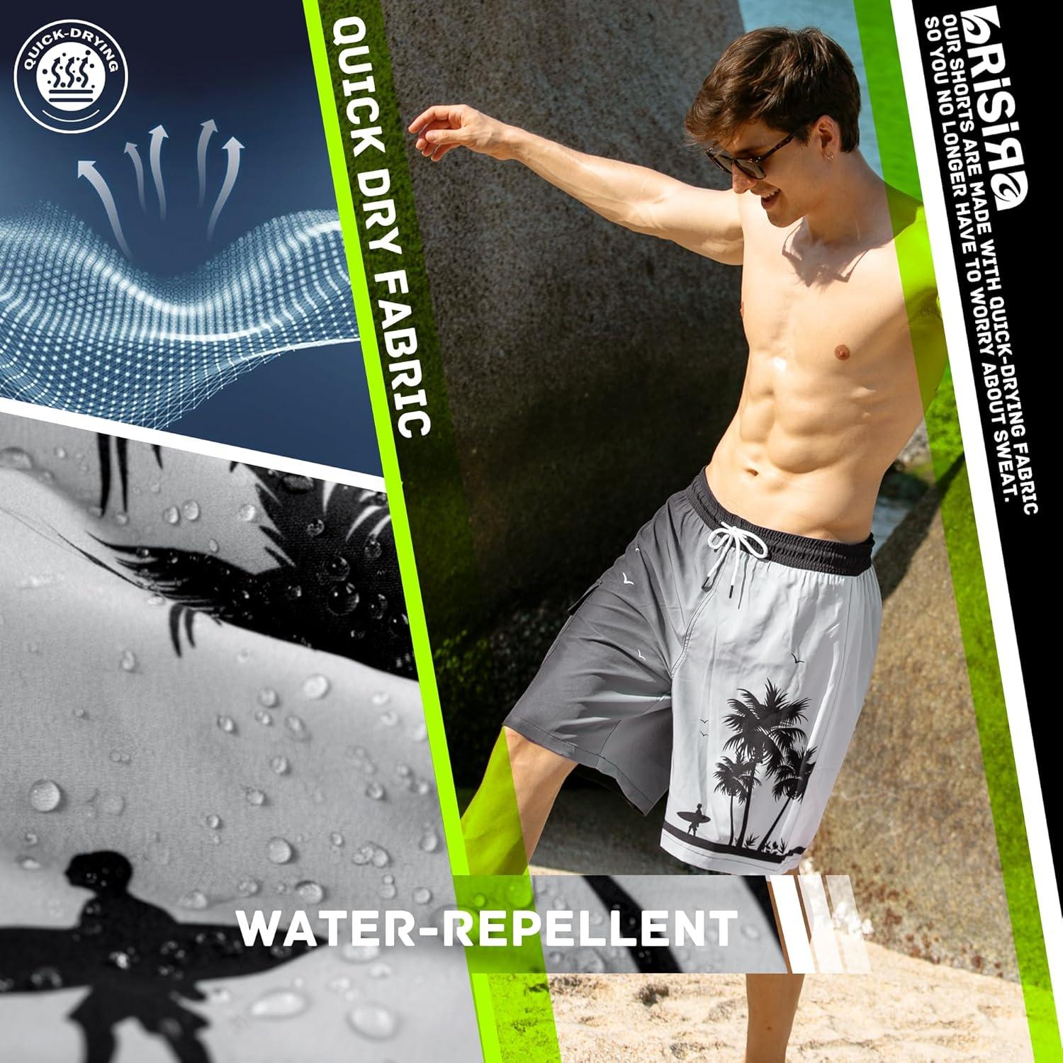 imageBRISIRA Mens Swim Trunks 9 Inch Compression Liner Long Board Shorts Swimwear Bathing Suit AntiChafe Quick Dry Cargo PocketBlackgradientpalmtree