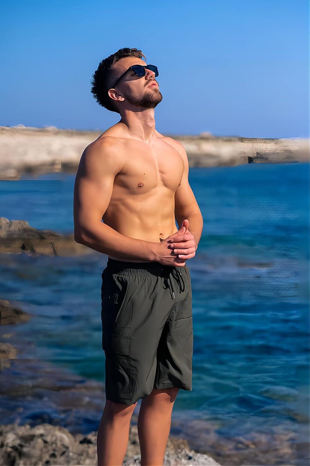 imageBRISIRA Mens Swim Trunks 9 Inch Compression Liner Long Board Shorts Swimwear Bathing Suit AntiChafe Quick Dry Cargo PocketBlackgray