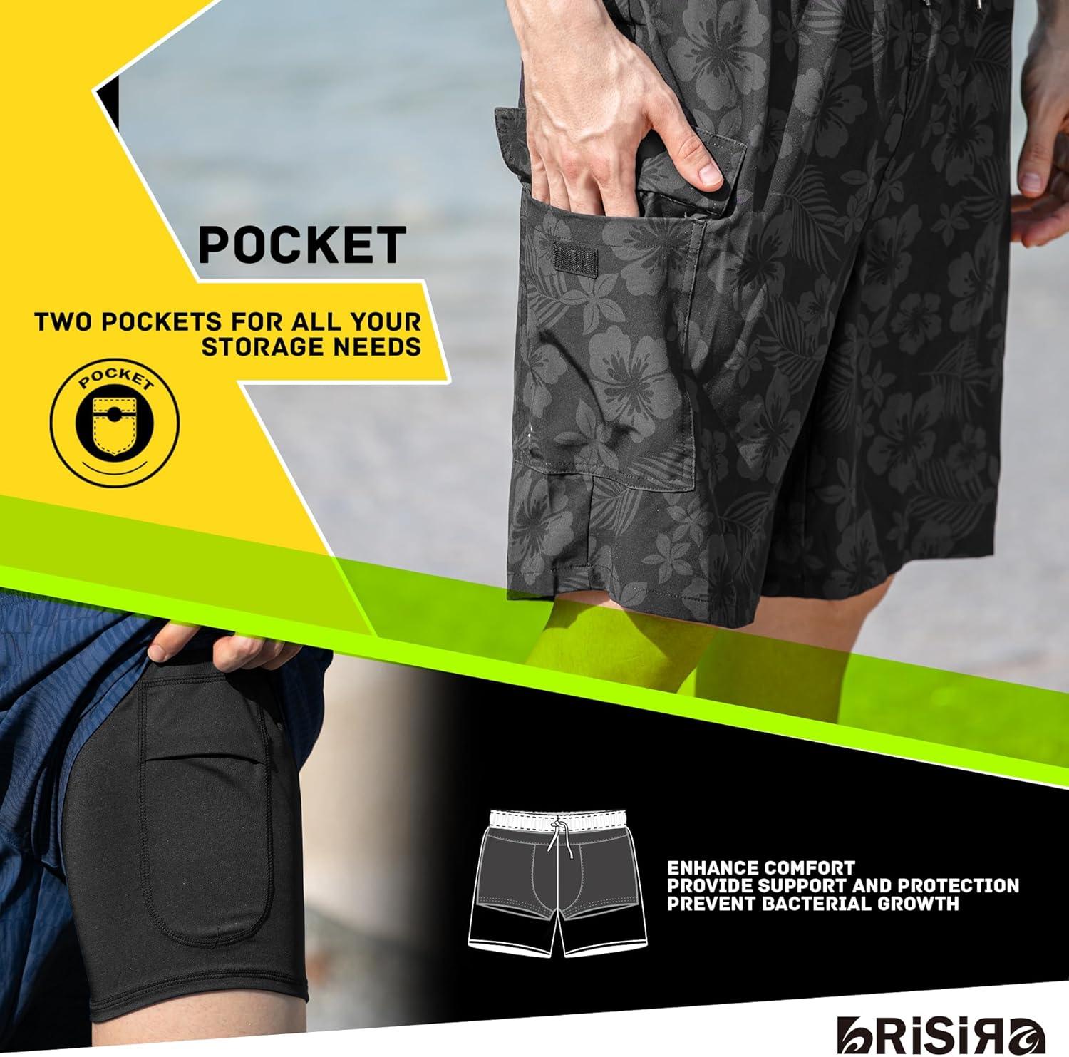 imageBRISIRA Mens Swim Trunks 9 Inch Compression Liner Long Board Shorts Swimwear Bathing Suit AntiChafe Quick Dry Cargo PocketBlackgray Flower