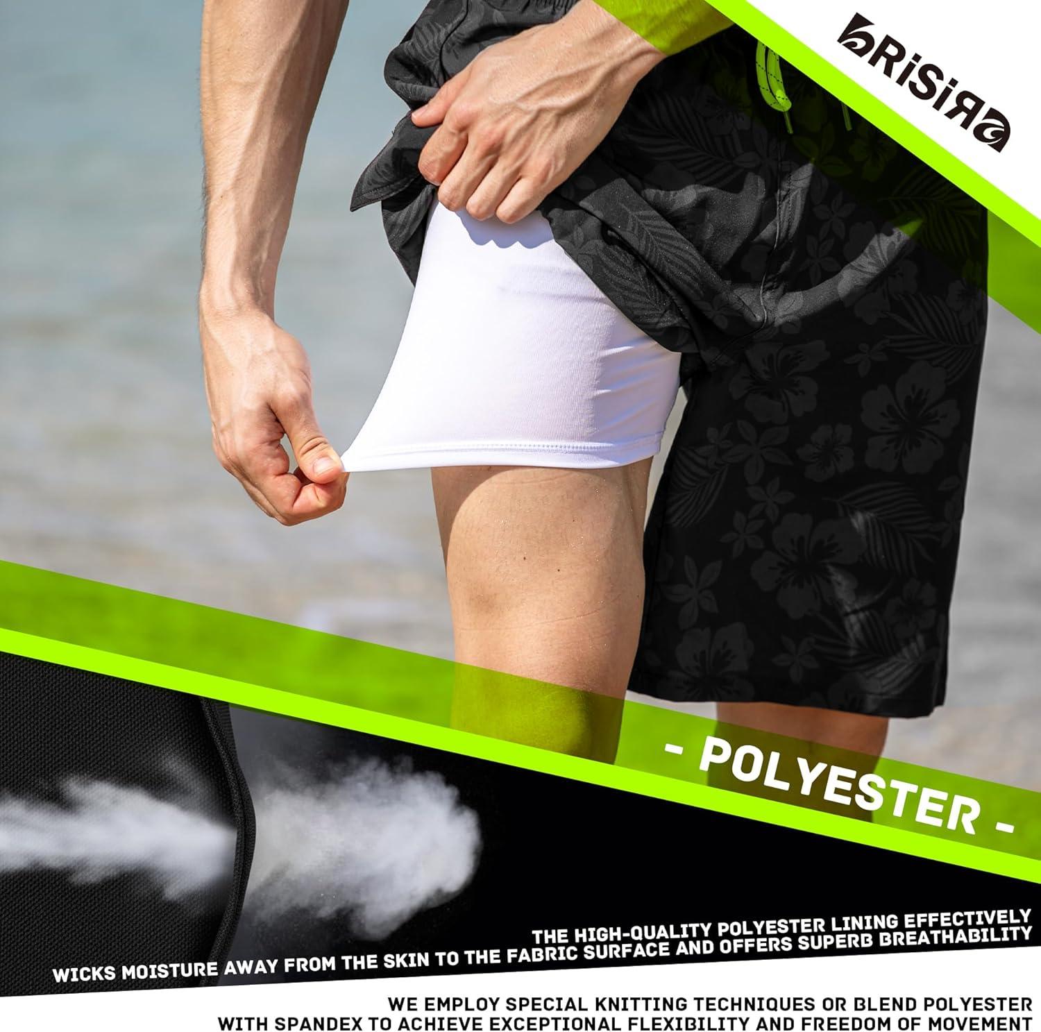 imageBRISIRA Mens Swim Trunks 9 Inch Compression Liner Long Board Shorts Swimwear Bathing Suit AntiChafe Quick Dry Cargo PocketBlackgray Flower