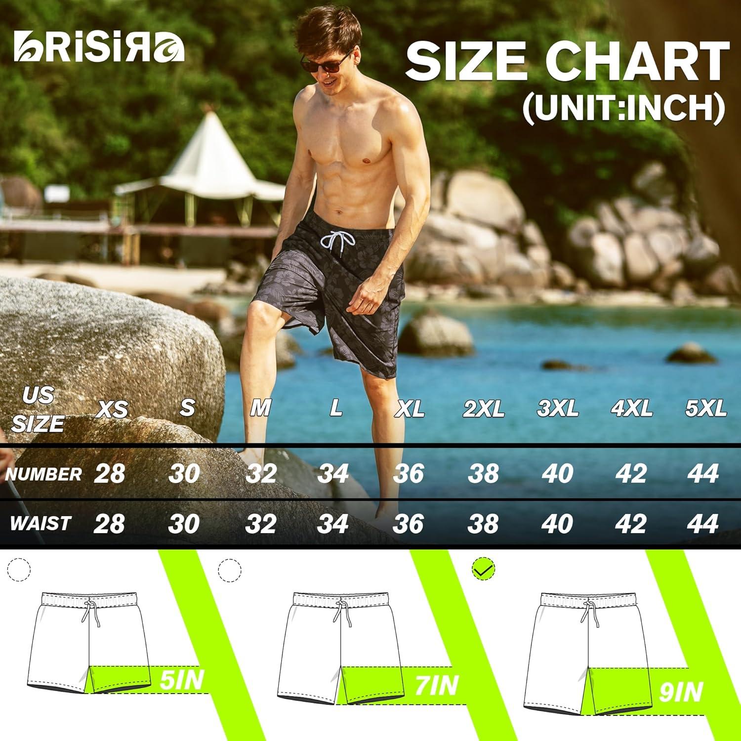imageBRISIRA Mens Swim Trunks 9 Inch Compression Liner Long Board Shorts Swimwear Bathing Suit AntiChafe Quick Dry Cargo PocketBlackgray Flower