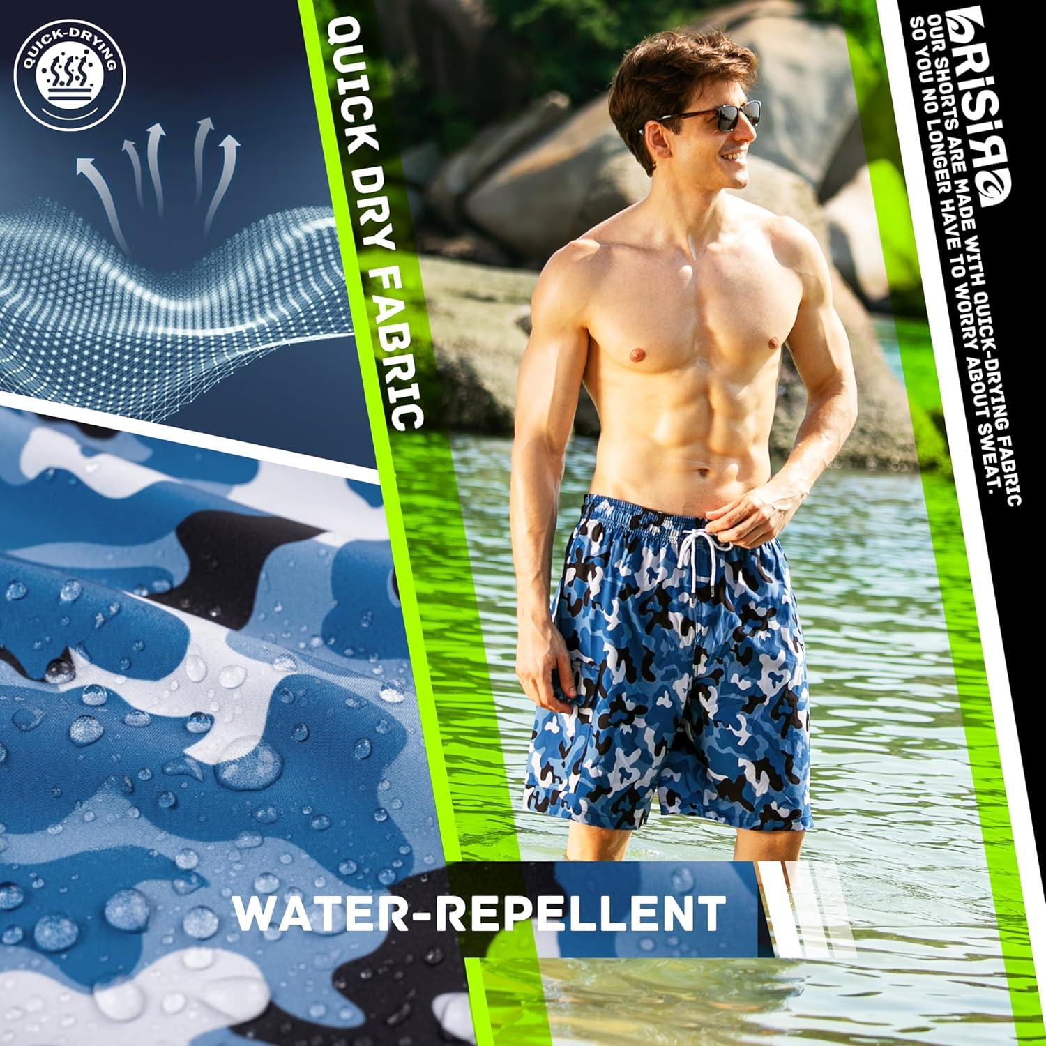 imageBRISIRA Mens Swim Trunks 9 Inch Compression Liner Long Board Shorts Swimwear Bathing Suit AntiChafe Quick Dry Cargo PocketBlue Camouflage